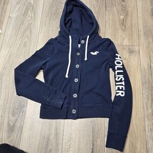 HOLLISTER Graphic On Sleeve Button Down Blue Sweatshirt Hoodie Womens Size Small